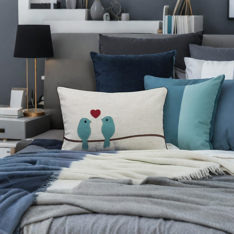 JWH Love Birds Throw Pillow Covers Decorative Embroidered Red Heart Accent Pillow Cases Valentine's Day Gift Pillowcase Lumbar Cushion for Couch Bed Living Room 12x18 Inch Beige Teal Blue - Image 2